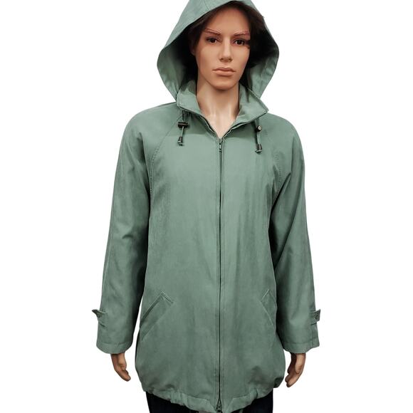 London Fog Removable Hood Windbreaker Trench Jacket Zip Up XL Sage Green - Picture 3 of 12